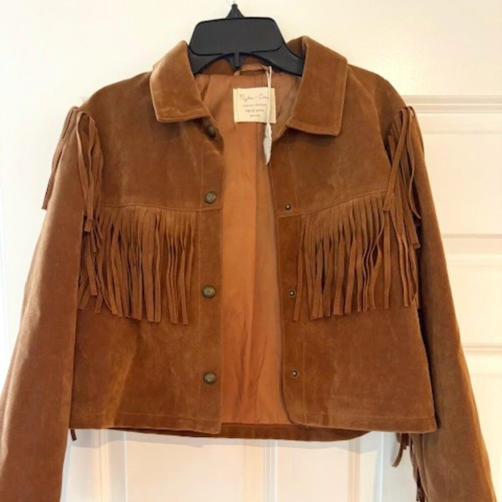 Rylee + Cru Tan girls Cropped Button Front Faux Suede Fringe Jacket western